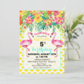 Invitation Flamant rose d'aquarelle et anniversaire floral (Debout devant)