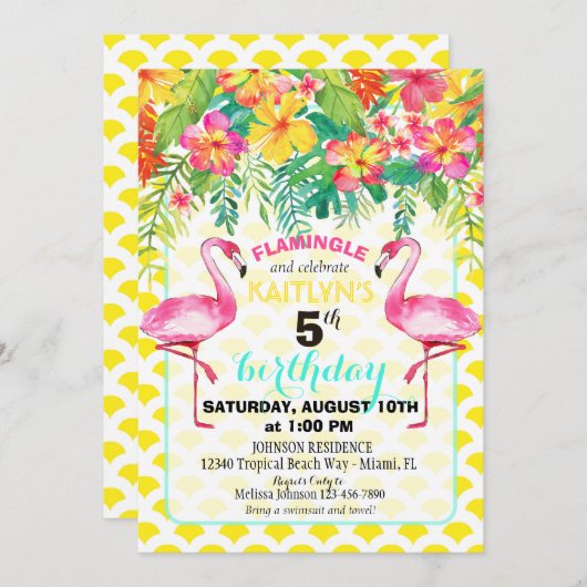 Invitation Flamant rose d'aquarelle et anniversaire floral (Devant / Derrière)