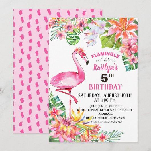 Invitation Flamant rose d'aquarelle et anniversaire tropical  (Devant / Derrière)
