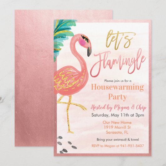 Invitation Flamant rose d'aquarelle Fête de réchauffement mén (Devant / Derrière)