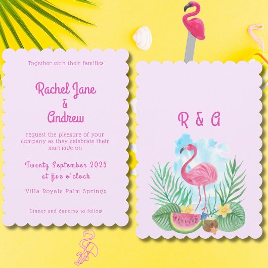 Invitation Flamant rose d'aquarelle tropicale Pink Palm Maria