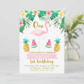Invitation Flamant rose de fruits tropicaux 1er anniversaire  (Debout devant)