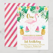 Invitation Flamant rose de fruits tropicaux 1er anniversaire  (Devant / Derrière)
