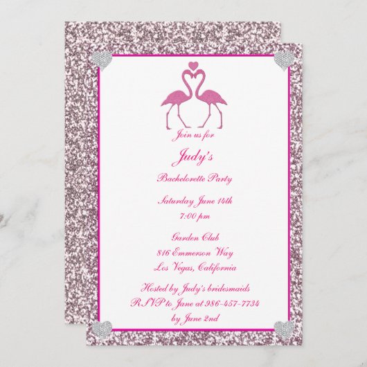 Invitation Flamant rose de Parties scintillant Rose Faux Bach (Devant / Derrière)