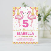 Invitation Flamant rose d'or rose chaud Anniversaire tropical (Debout devant)