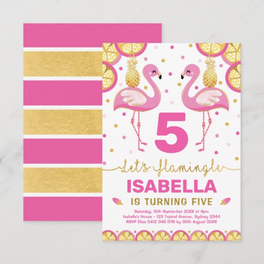 Invitation Flamant rose d'or rose chaud Anniversaire tropical (Devant / Derrière)