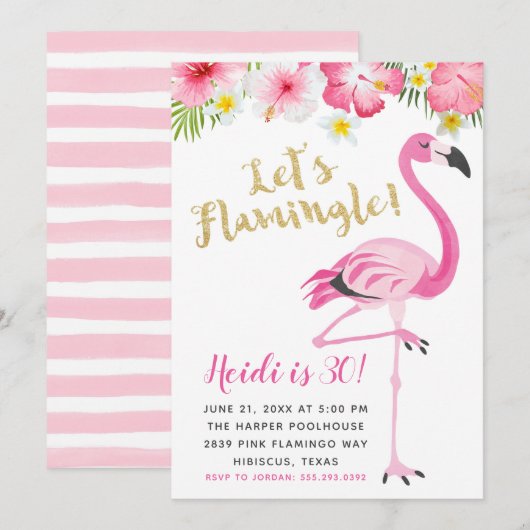 Invitation Flamant rose et Hibiscus fête d'anniversaire (Devant / Derrière)