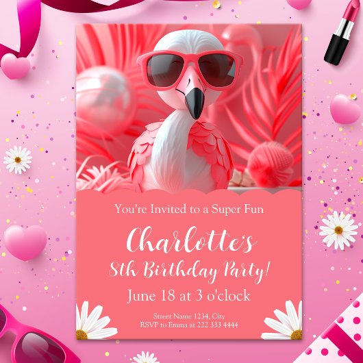 Invitation Flamant rose fête anniversaire pour enfants