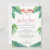 Invitation Flamant rose Feuille rose aquarelle de fête d'anni (Devant)