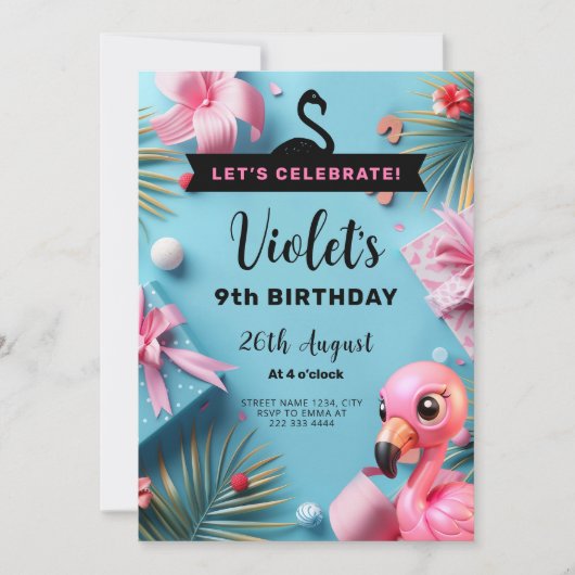 Invitation Flamant rose Fiesta Fête Tropicale Anniversaire (Devant)