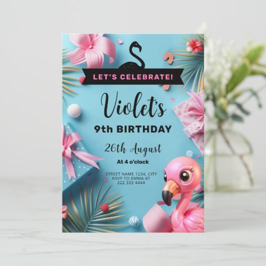 Invitation Flamant rose Fiesta Fête Tropicale Anniversaire (Debout devant)