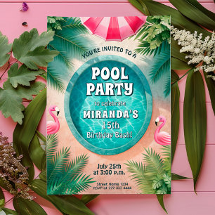 Invitation Flamant rose Fiesta Pool Fête Anniversaire