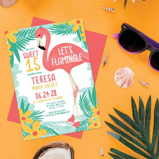 Invitation Flamant rose flamand Tropical Floral Quinceañera