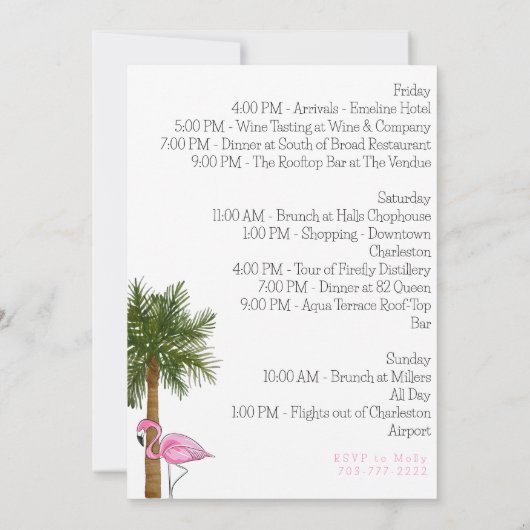 Invitation Flamant rose Flamingle Bachelorette Itinéraire (Dos)