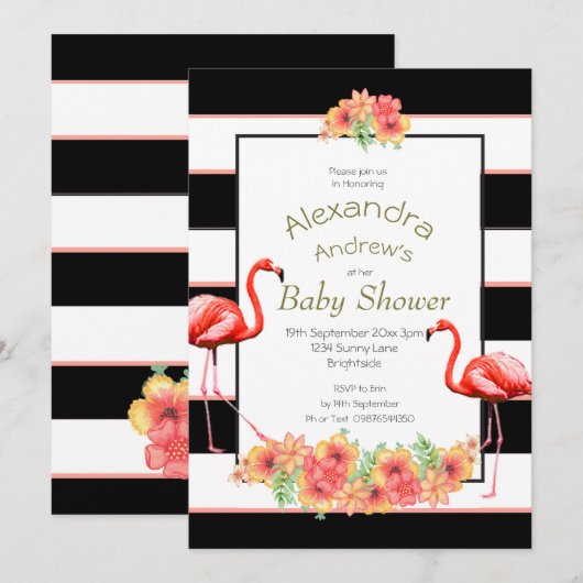 Invitation Flamant rose Fleurs tropicales Baby shower à bande (Devant / Derrière)