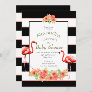 Invitation Flamant rose Fleurs tropicales Baby shower à bande