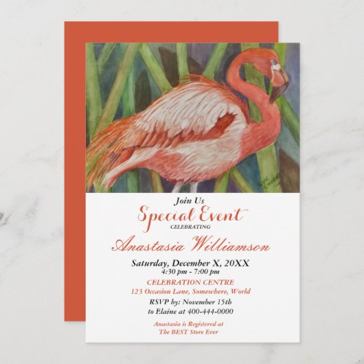 INVITATION FLAMANT ROSE FLING PARTY (Devant / Derrière)