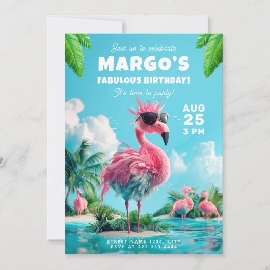 Invitation Flamant rose Flock Beach Party Spectaculaire anniv (Devant)