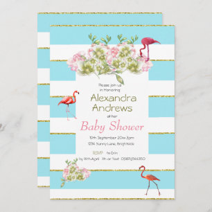Invitation Flamant rose Floral Blue Stripe Baby shower