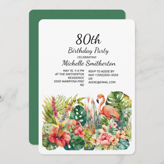 Invitation Flamant rose floral tropical 80e anniversaire (Devant / Derrière)