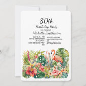 Invitation Flamant rose floral tropical 80e anniversaire (Devant)
