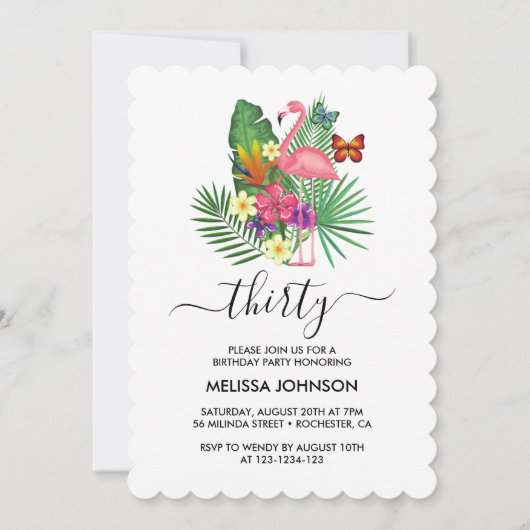 Invitation Flamant rose floral tropical papillons 30e anniver (Devant)