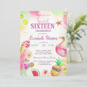 Invitation Flamant rose Fruits Piscine d'été Sweet 16 Party (Debout devant)