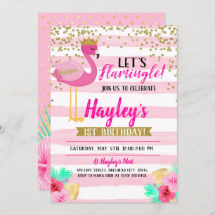 Invitation Flamant rose Girls Pink Gold Anniversaire Flamingl