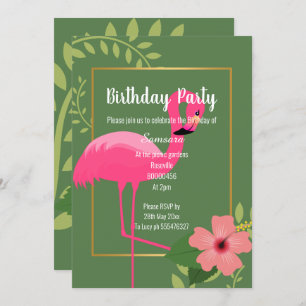 INVITATION FLAMANT ROSE HIBISCUS SAGE OR VERT ANNIVERSAIRE