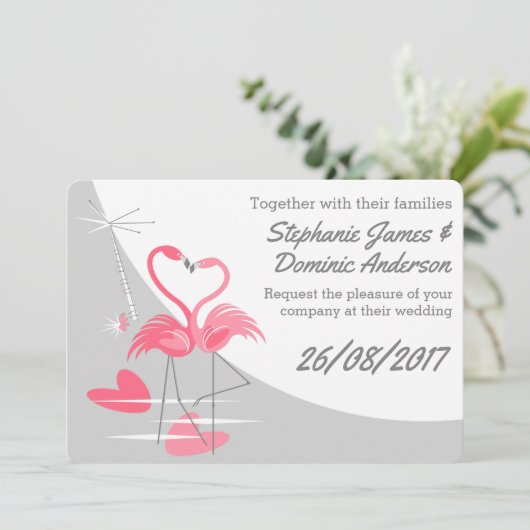 Invitation Flamant rose Love Large Lune texte double face (Debout devant)