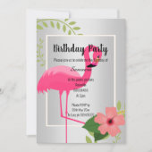 INVITATION FLAMANT ROSE LUMINEUX ARGENT HIBISCUS ANNIVERSAIRE (Devant)