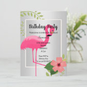 INVITATION FLAMANT ROSE LUMINEUX ARGENT HIBISCUS ANNIVERSAIRE (Debout devant)