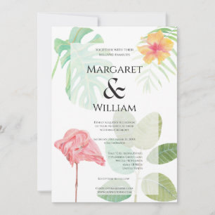 Invitation Flamant rose Luxe, mariage à la végétation tropica