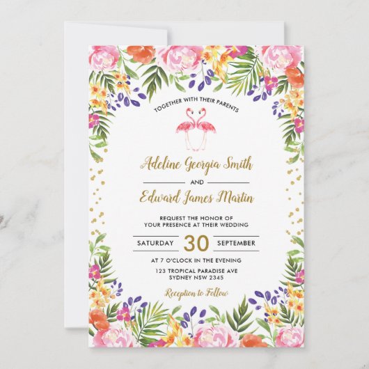 Invitation Flamant rose Mariage Tropical Floral Palm feuille (Devant)
