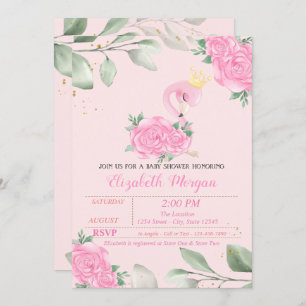 Invitation Flamant rose mignon, Feuille, Baby shower Floral