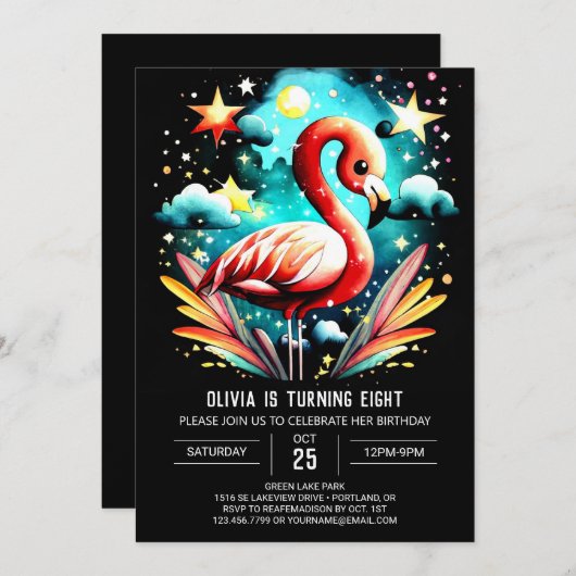Invitation Flamant rose numérique Boho Anniversaire (Devant / Derrière)