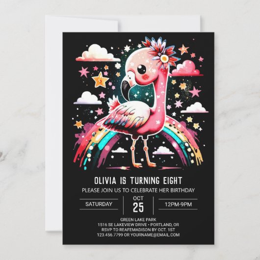 Invitation Flamant rose numérique Chic Anniversaire (Devant)