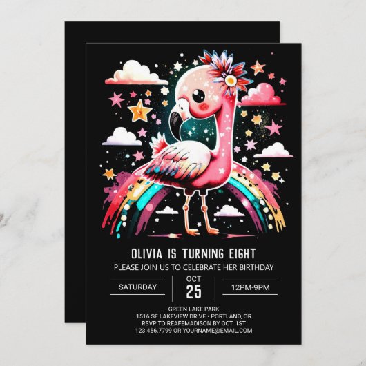 Invitation Flamant rose numérique Chic Anniversaire (Devant / Derrière)