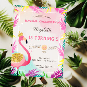 Invitation Flamant rose pailleté adorable et feuilles de palm