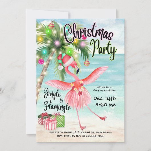 Invitation Flamant rose Palm Tree Plage tropicale Noël (Devant)