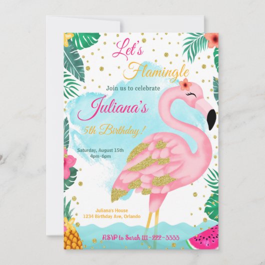 Invitation Flamant rose Parties scintillant rose aquarelle In (Devant)