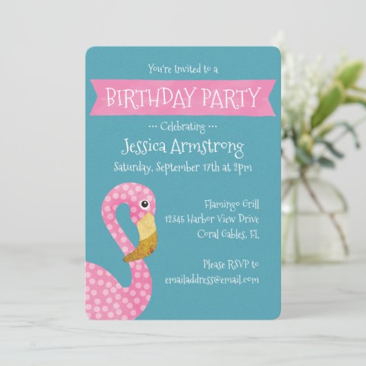 Invitation Flamant rose Pink Polka Dot (Debout devant)