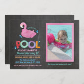 Invitation Flamant rose Piscine fête Anniversaire Plage Flott (Devant / Derrière)