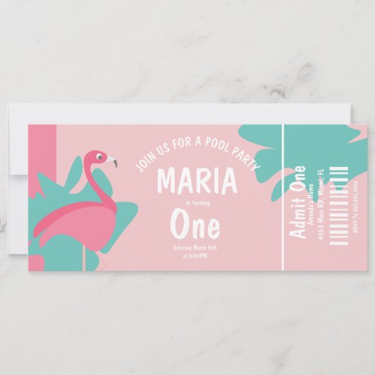 Invitation Flamant rose Pool Anniversaire Billetterie (Devant)