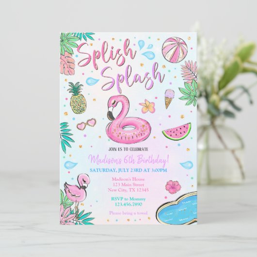 Invitation Flamant rose Pool Party (Debout devant)