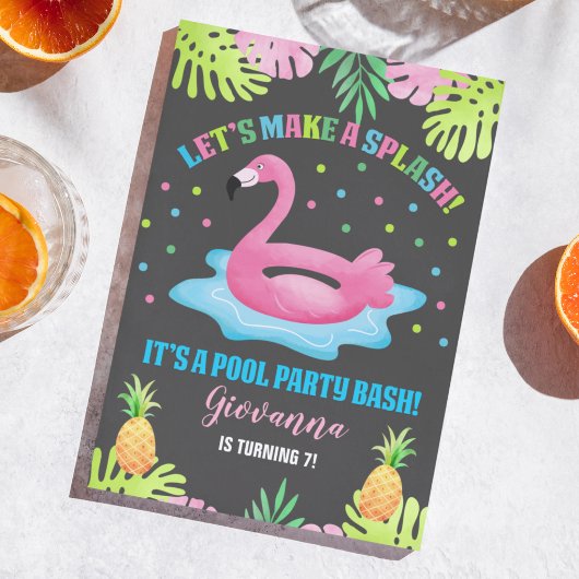 Invitation Flamant rose Pool Party Tropical Anniversaire Invi