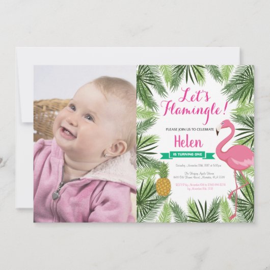 Invitation Flamant rose Premier anniversaire Fille (Devant)