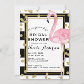 Invitation Flamant Rose Rayures Noir Blanc & Confettis Dorés (Devant)