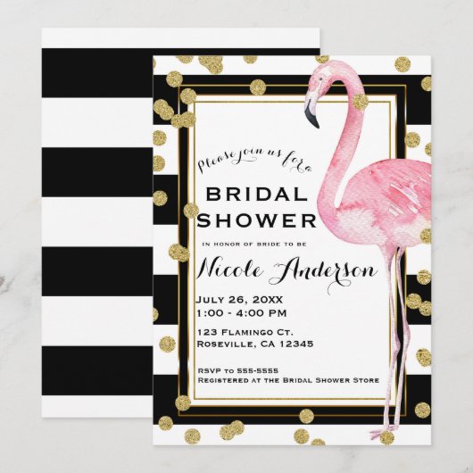 Invitation Flamant Rose Rayures Noires et Blanches & Confetti (Devant / Derrière)
