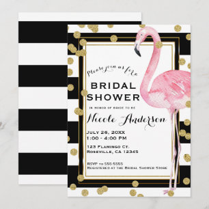 Invitation Flamant Rose Rayures Noires et Blanches & Confetti